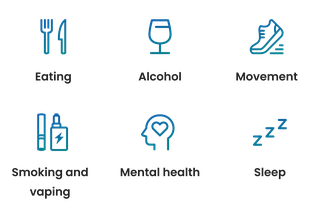 The quiz asks about eating, alcohol, exercise, smoking and vaping, mental health and sleeping