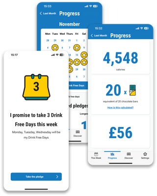 Screens from the Drink Free Days app. Screen 1: "red, orange, green" rating for alcohol intake. Screen 2: a motivational message for achieving 5 drink-free days