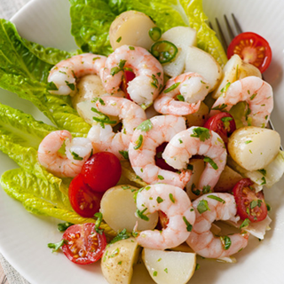 Prawn, tomato, potato and lettuce salad