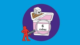 Cartoon character holding a magnifying glass over a yoghurt pot label. The label reads "6 cubes" and a mischievous "sugar critter" is sitting on top of the pot.