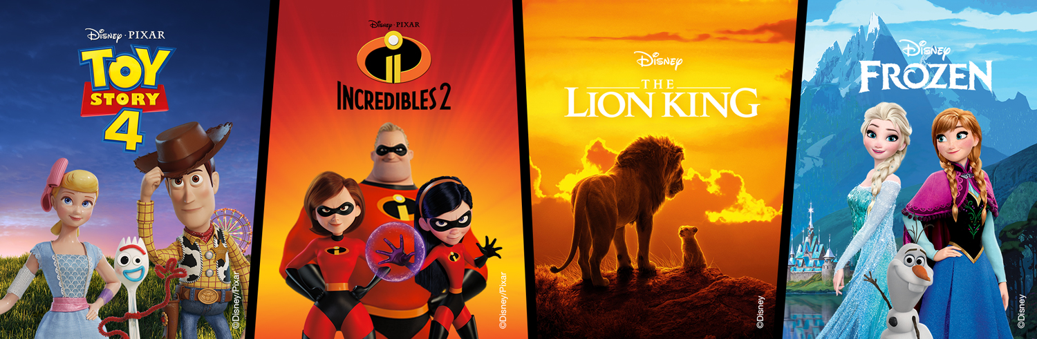 Logos and characters from Toy Story 4, Incredibles 2, The Lion King and Frozen 2