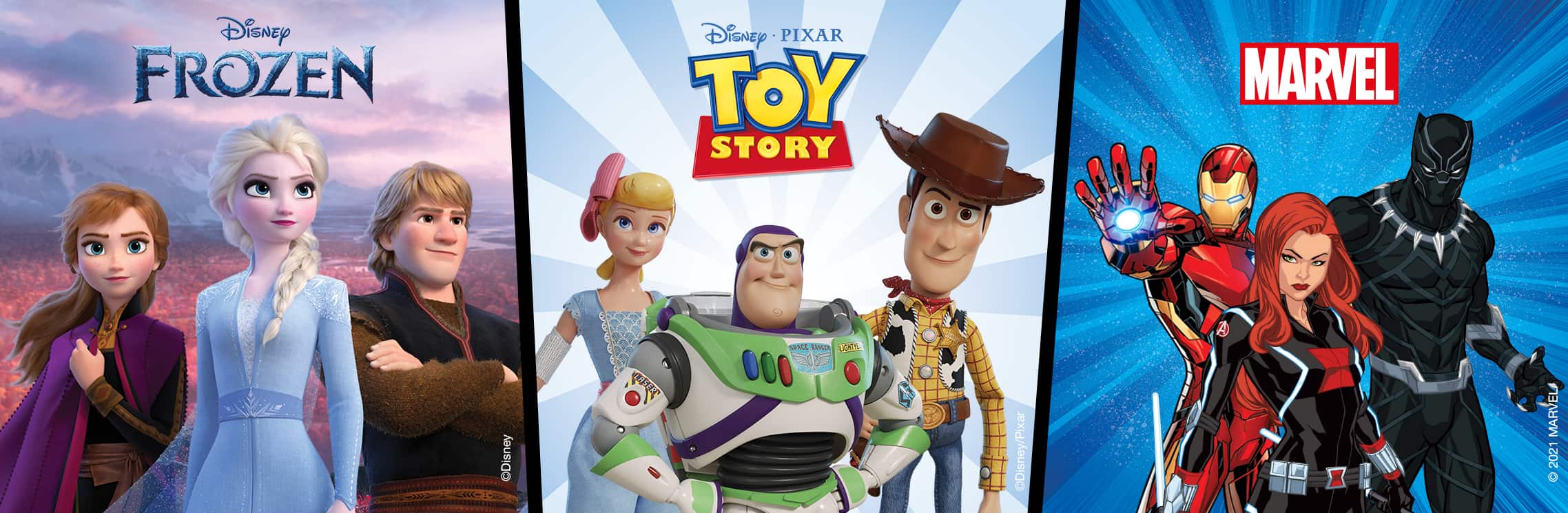Logos and characters from Frozen, Marvel and Toy Story
