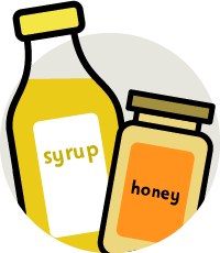 A bottle of syrup and jar of honey